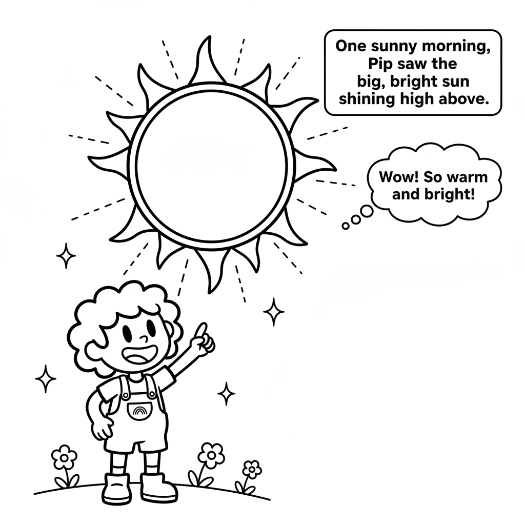One sunny morning, Pip saw the big, bright sun shining high above. Its warm light made the whole world sparkle and glow.