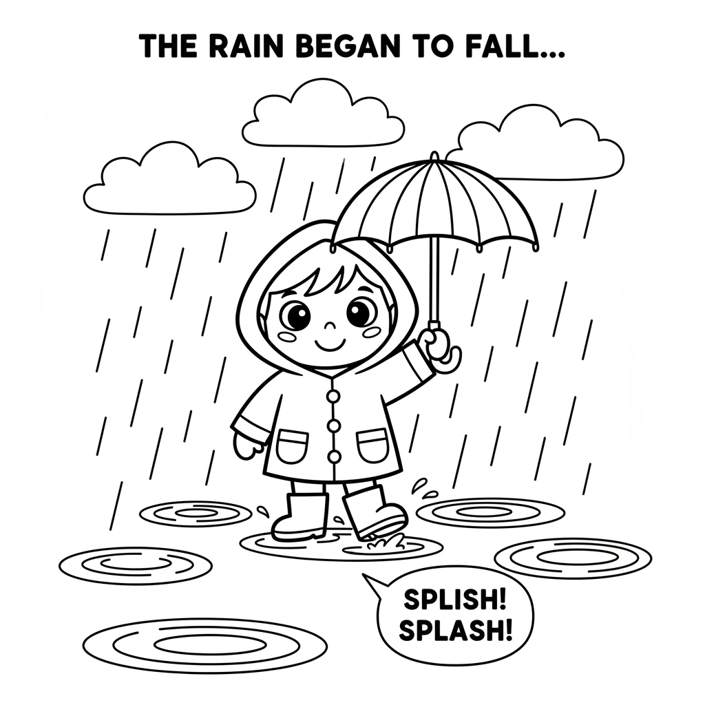 Soon, clouds gathered, and gentle rain began to fall. Pip watched as countless raindrops danced down, creating puddles on the ground.