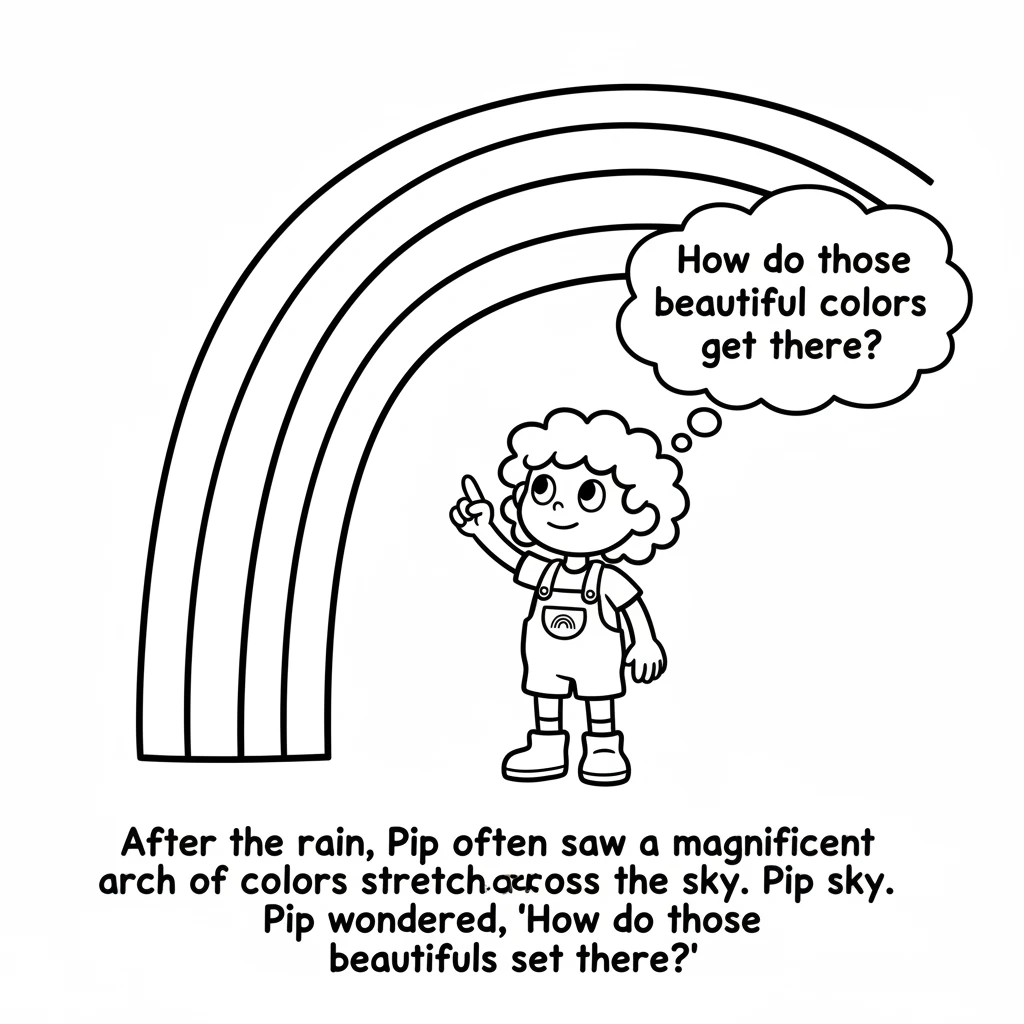 After the rain, Pip often saw a magnificent arch of colors stretch across the sky. Pip wondered, "How do those beautiful colors get there?"