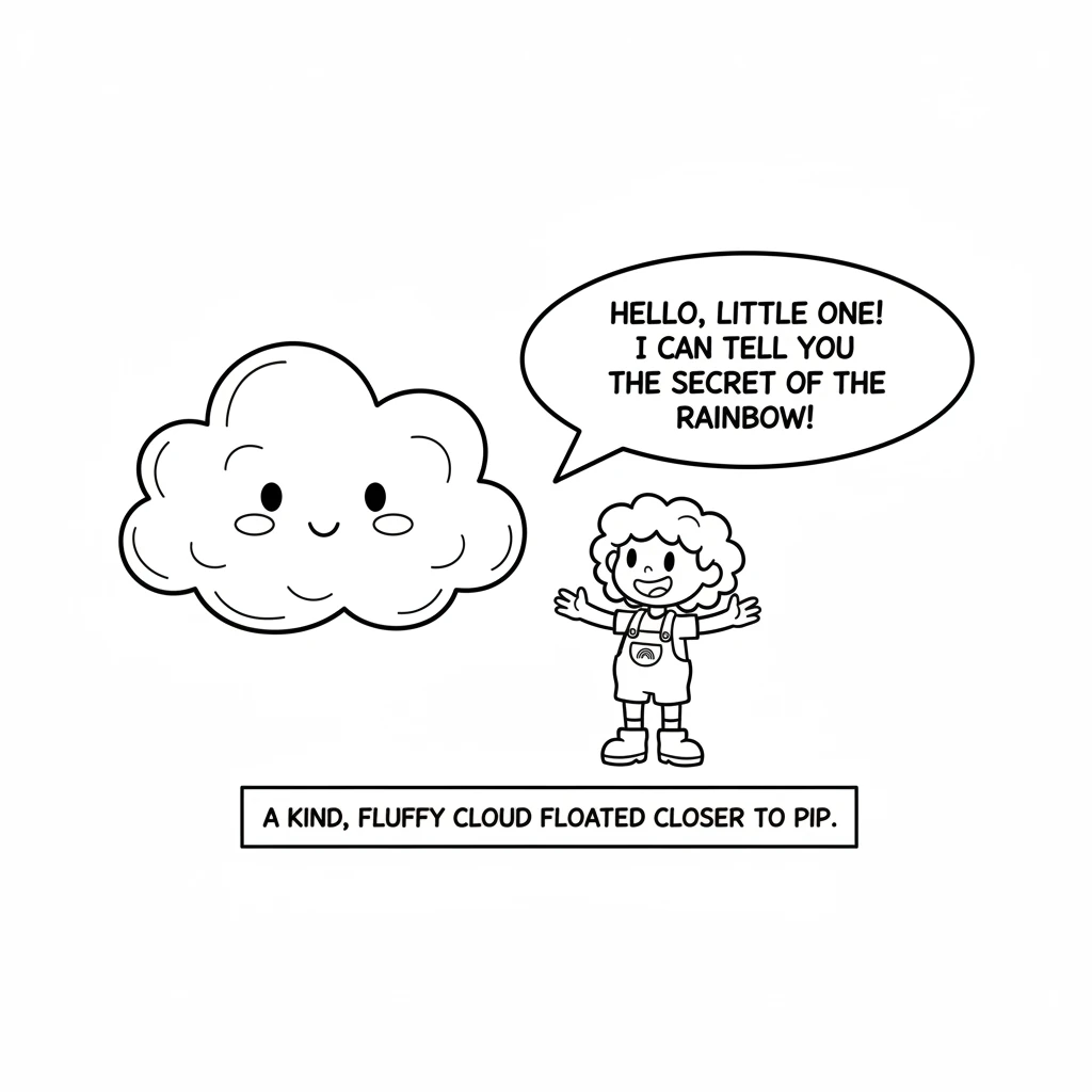 A kind, fluffy cloud floated closer to Pip. "Hello, little one!" the cloud rumbled gently. "I can tell you the secret of the rainbow!"