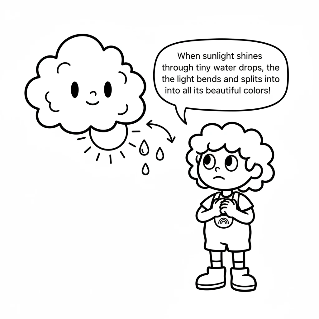 The cloud explained, "When sunlight shines through tiny water drops, the light bends and splits into all its beautiful colors!" Pip listened intently.