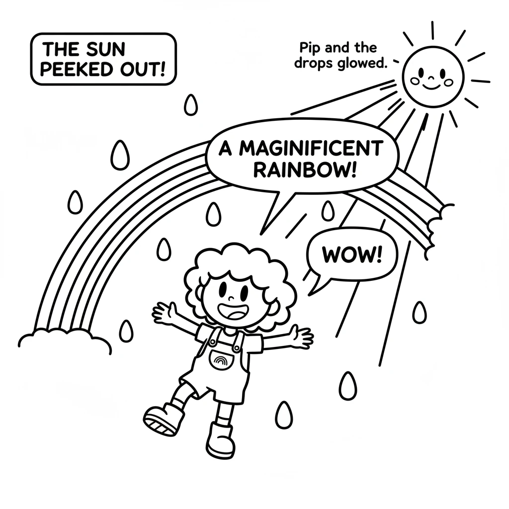 As the sun peeked out, its light streamed through Pip and the other floating drops. Just like magic, a magnificent rainbow began to paint itself acros
