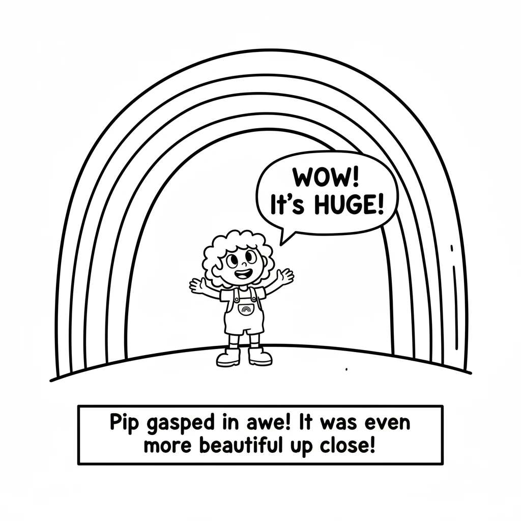 Pip gasped in awe at the vibrant red, orange, yellow, green, blue, indigo, and violet arch. It was even more beautiful up close!