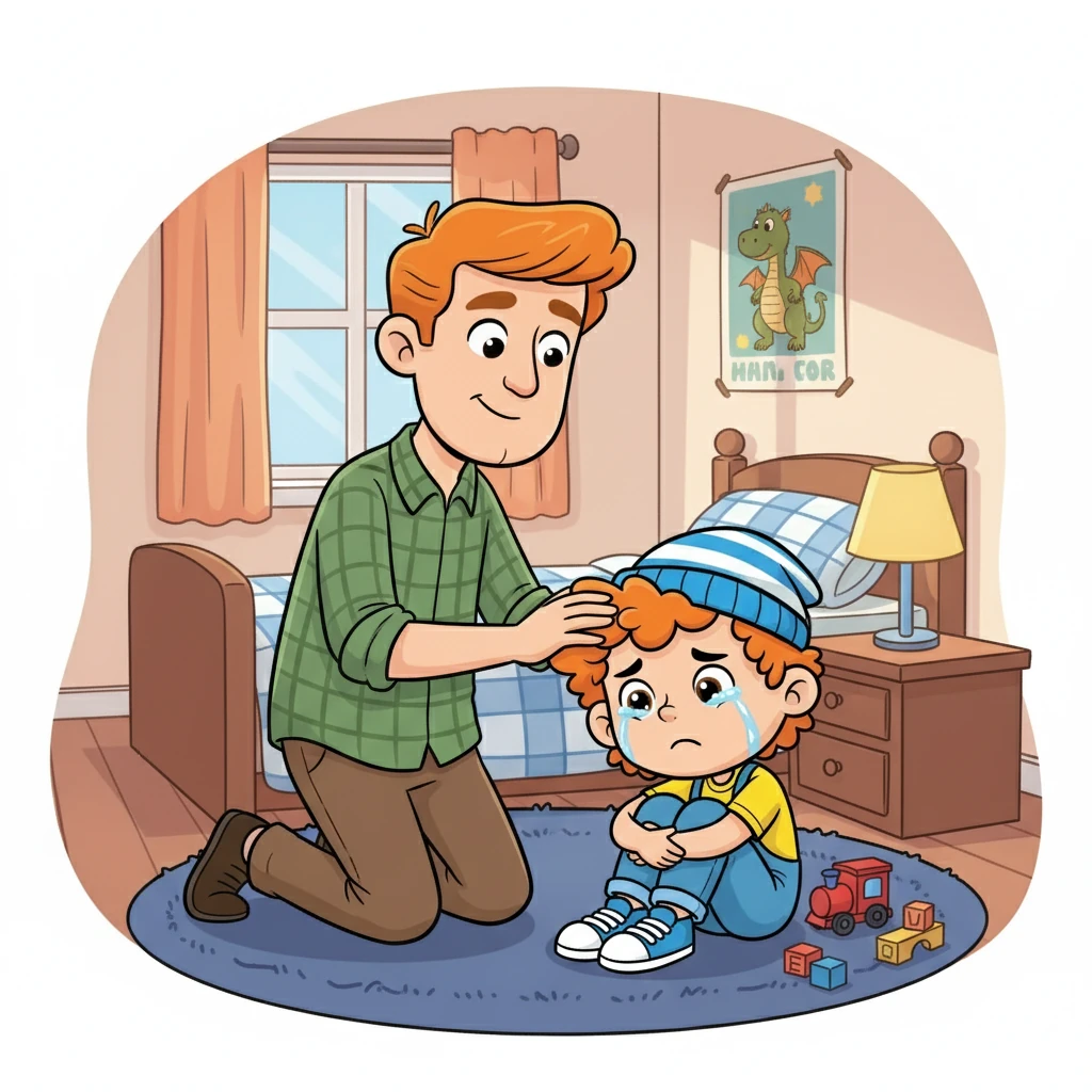 His dad came in and saw the sad lad. "What's wrong, my boy?" Dad asked.