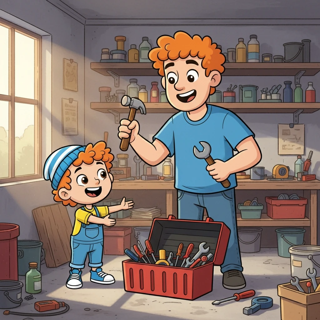 Dad had a good idea. He said, "Let's fix it!" Together, they found the tools.