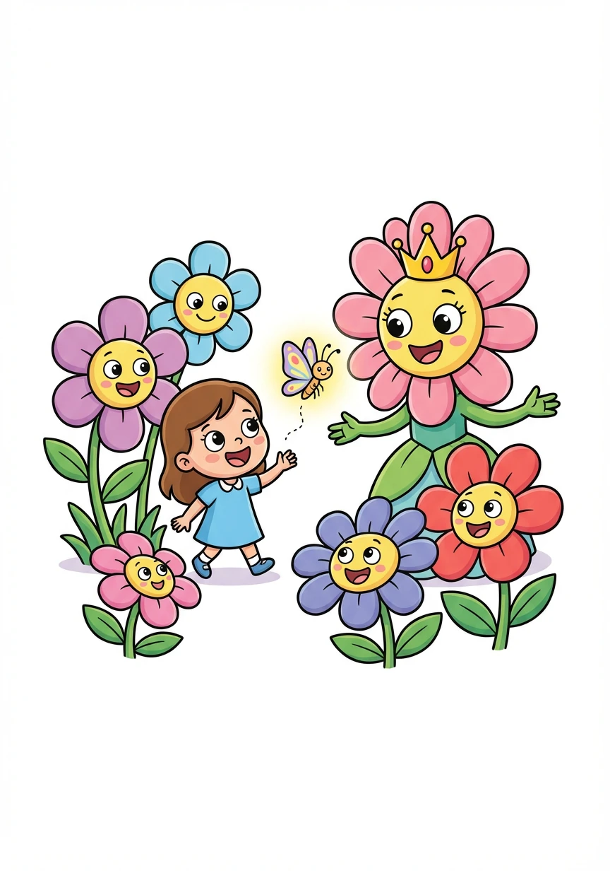 הפרפר הוביל את ליבי אל ממלכה נסתרת של פרחים מדברים. המלכה קיבלה את ליבי בחום.