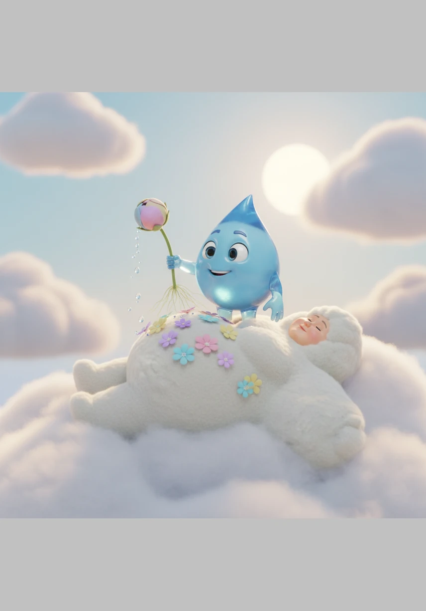 Gocciolina was a tiny, curious water drop who lived high in the sky within a cloud as soft and white as a cotton ball. She loved to spend her time peering over the edge, wondering what the vast and colorful world below was like.