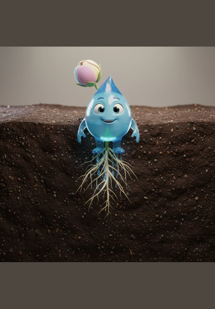 Deep beneath the surface, Gocciolina met the tiny, reaching roots of a thirsty little flower. The brave drop gave herself to the plant, providing the vital nourishment the flower had been waiting for all day.