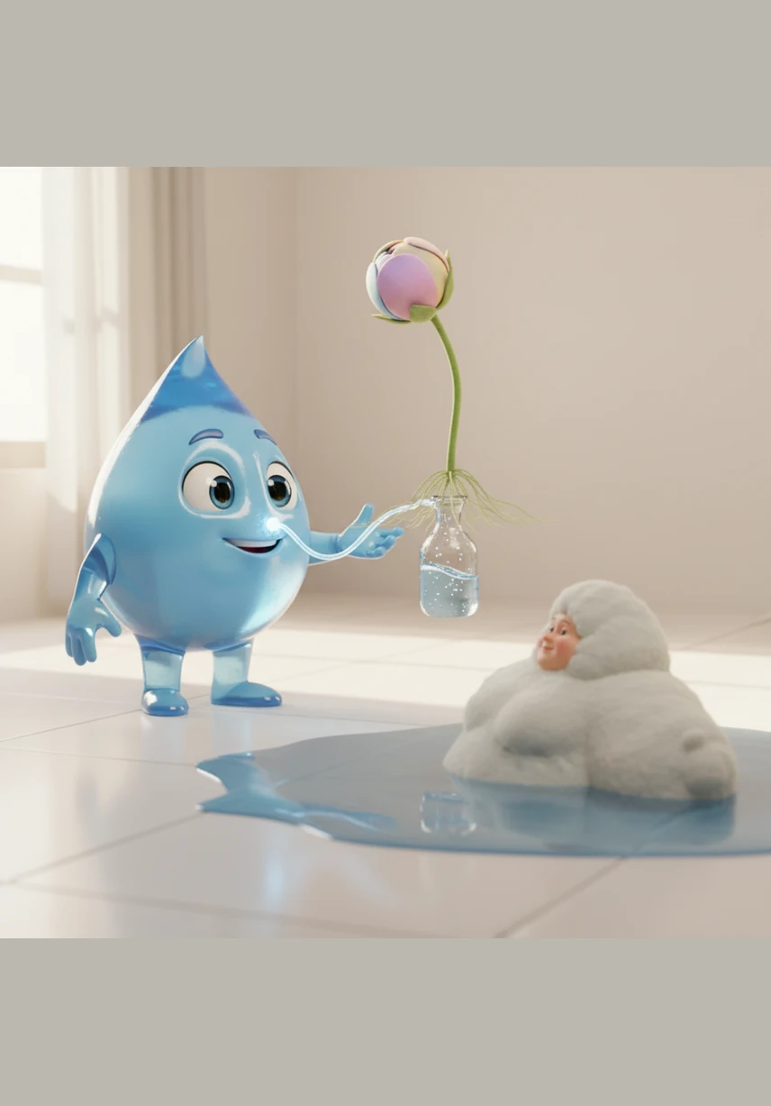 Eventually, Gocciolina trickled through the soil until she reached a cheerful, bubbling stream. She danced over the smooth, colorful stones, enjoying the ticklish sensation of the cold water rushing over the riverbed.