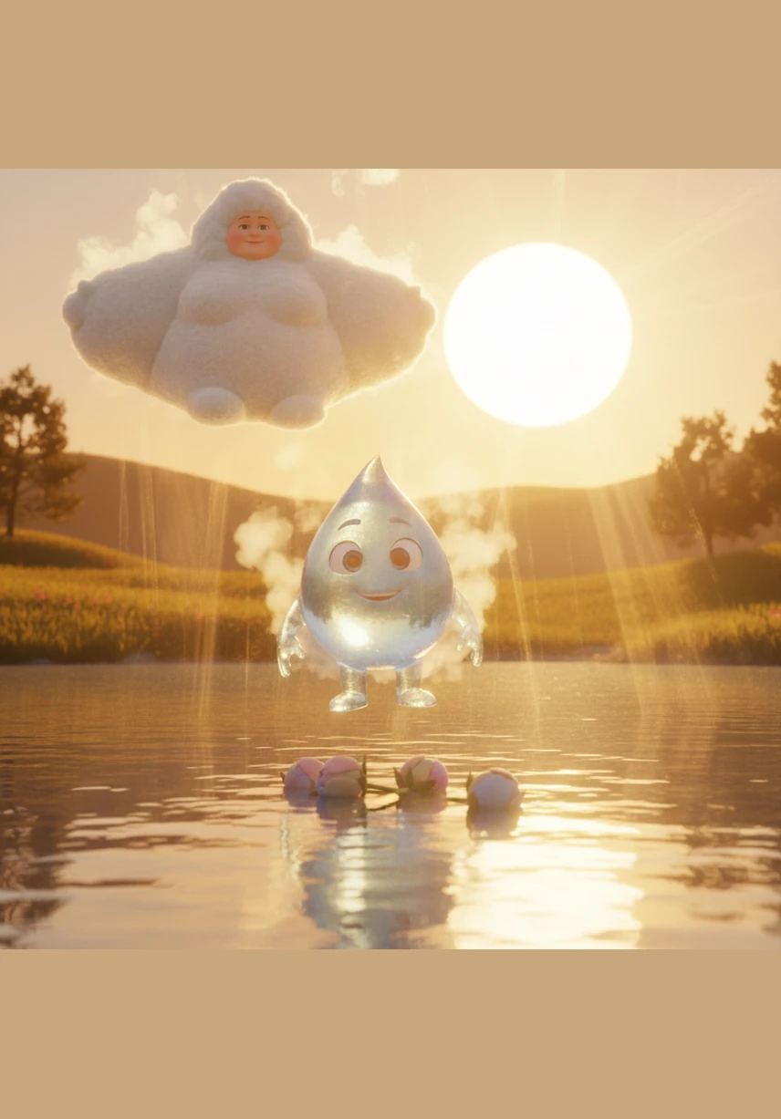 As the golden sun rose high in the sky, its warm rays reached down and touched the water. Gocciolina felt a wonderful warmth spreading through her, making her feel light, airy, and almost invisible like a tiny breath of steam.