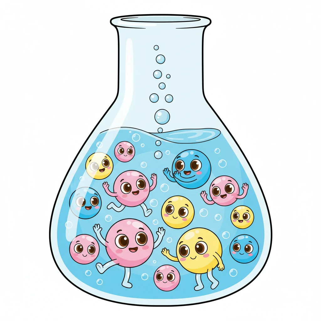 Deep within a bubbly, colorful liquid, tiny, round cells with big, happy eyes float and jiggle. They are vibrant pinks, blues, and yellows, gently bumping into each other like playful balloons. A few even sprout tiny, wobbly legs and wave hello, full of unseen energy.