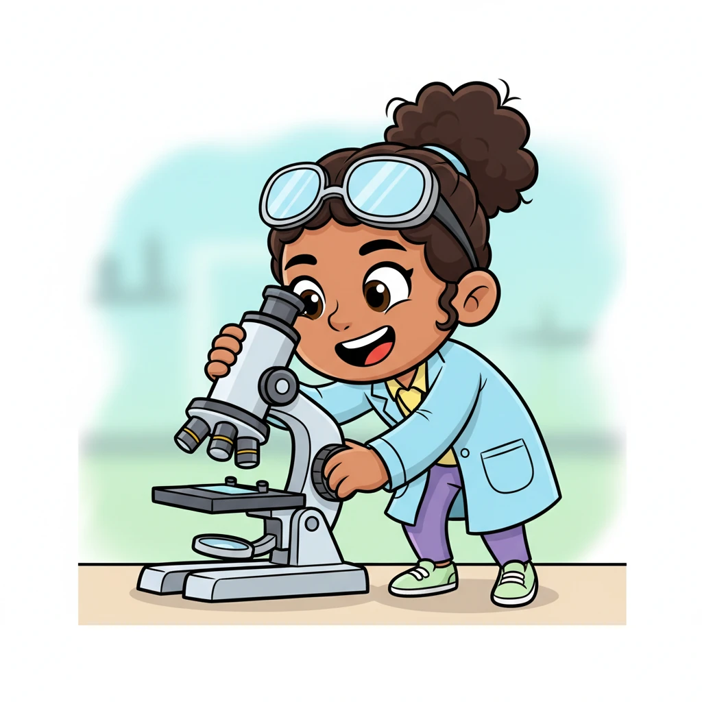 Dr. Anya, a cheerful scientist with a bright lab coat and oversized, friendly goggles, leans excitedly over a gigantic, shiny microscope. Her wide smile shows her wonder as she peeks into the eyepiece, ready to explore the hidden world. Her hair bounces with anticipation.