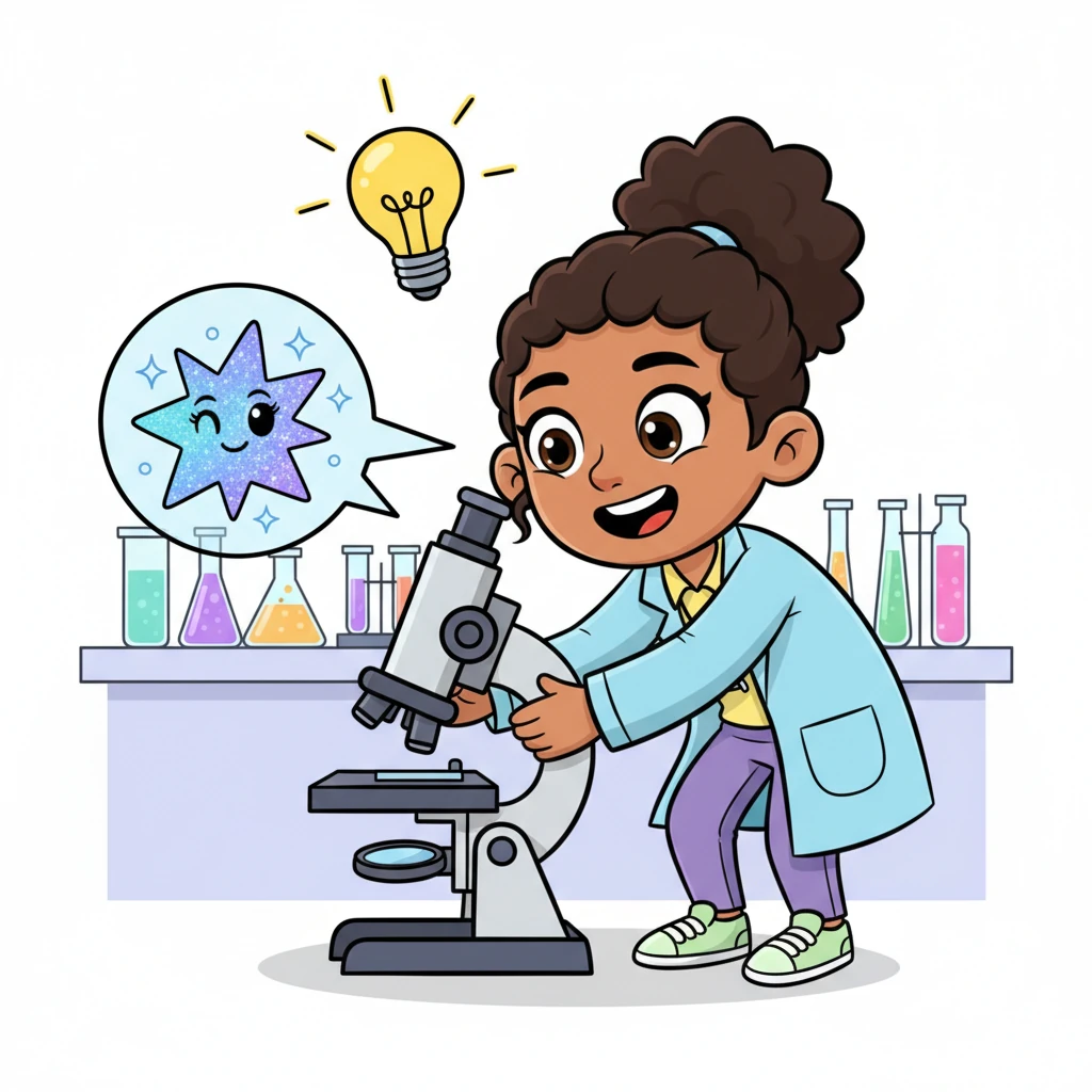 Through the microscope's lens, a particularly sparkly, star-shaped cell winks back at Dr. Anya! Her eyes widen in delightful surprise, and a lightbulb cartoonishly appears above her head, signaling a brilliant new idea. She grins, knowing something wonderful has just been found.