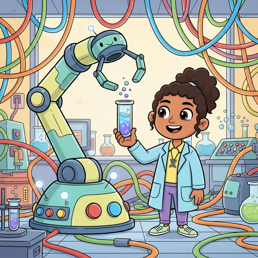 In Dr. Anya's lab, friendly, rounded machines with big buttons and blinking lights hum with happy energy. A tall, goofy robot arm with a gentle claw carefully picks up a glowing, swirling vial, its movements smooth and precise, yet full of whimsical charm. Colorful tubes crisscross the room like joyful spaghetti.