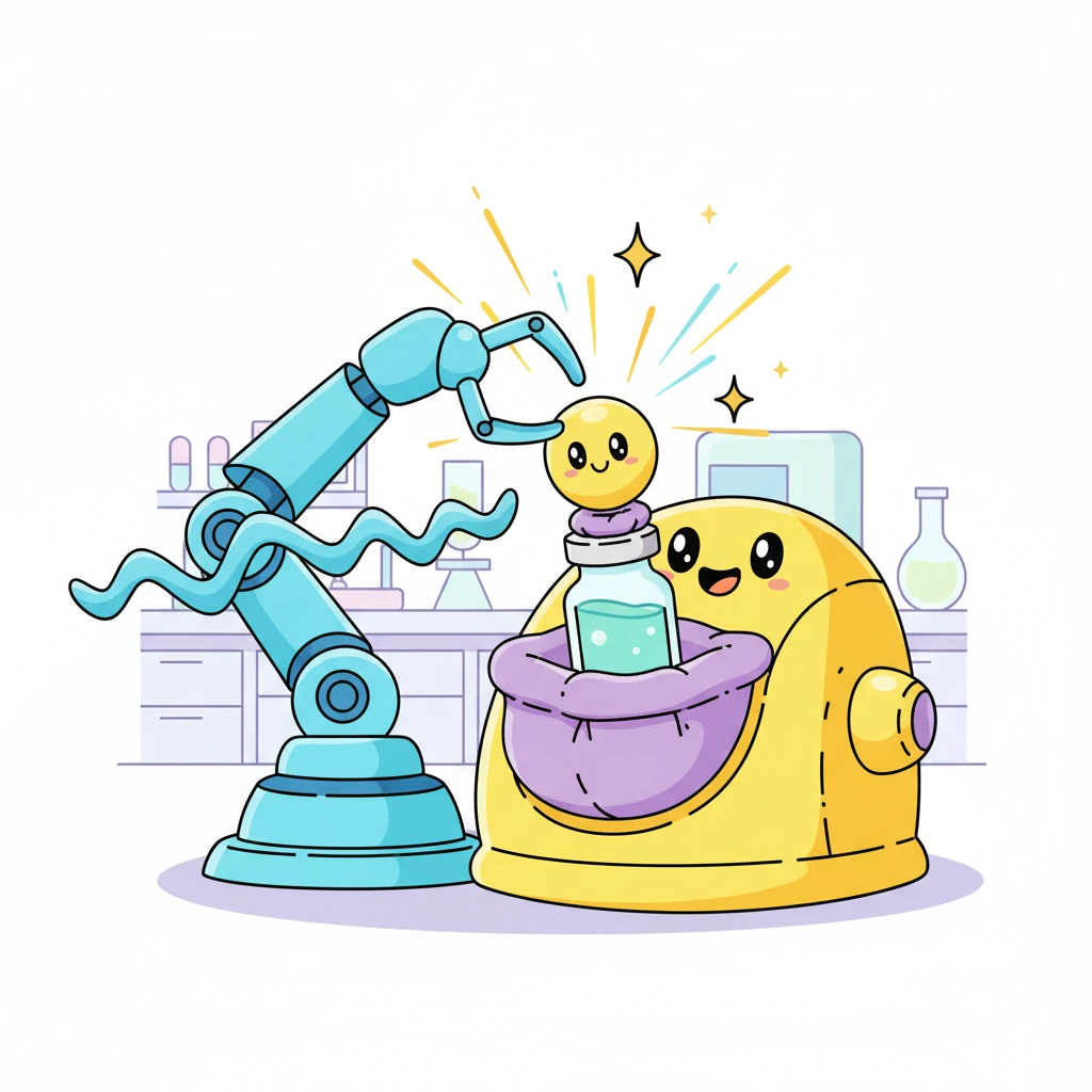 The robotic arm, with a playful wiggle, places the glowing vial into a special, soft cradle. Another smaller, round machine with a cheerful face gently seals the vial, making sure its precious contents are safe and sound. Sparkles burst around the vial as it's tucked away, ready for its big journey.