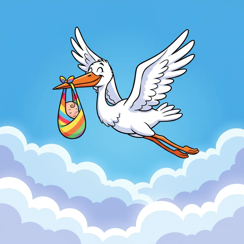 High above fluffy, cloud-like mountains, a big, friendly stork with a comically large smile carefully carries a tiny, bundled baby. The baby is wrapped in a soft, rainbow-colored blanket, snoozing peacefully. The stork's wings flap with gentle purpose, bringing new hope.