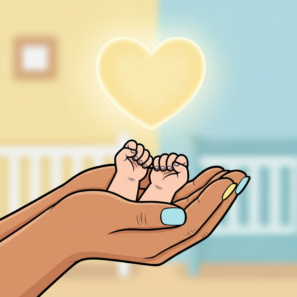 A mother's warm, soft hand, with cheerfully painted nails, gently cups the tiny, curled fingers of her newborn baby. The baby's hand is so small and delicate, a symbol of new life and endless possibilities. A soft, glowing heart hovers above their hands, showing the love.