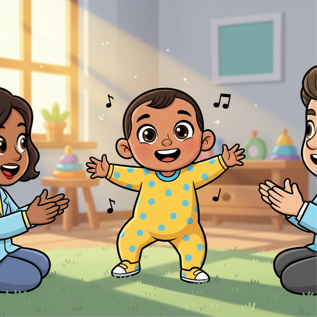 A bubbly toddler with bright, curious eyes takes their very first wobbly steps on a soft, green carpet, their arms outstretched for balance. Their parents, with exaggerated smiles, cheer them on from just out of frame, bursting with pride and happiness. The room is filled with sunshine and laughter.