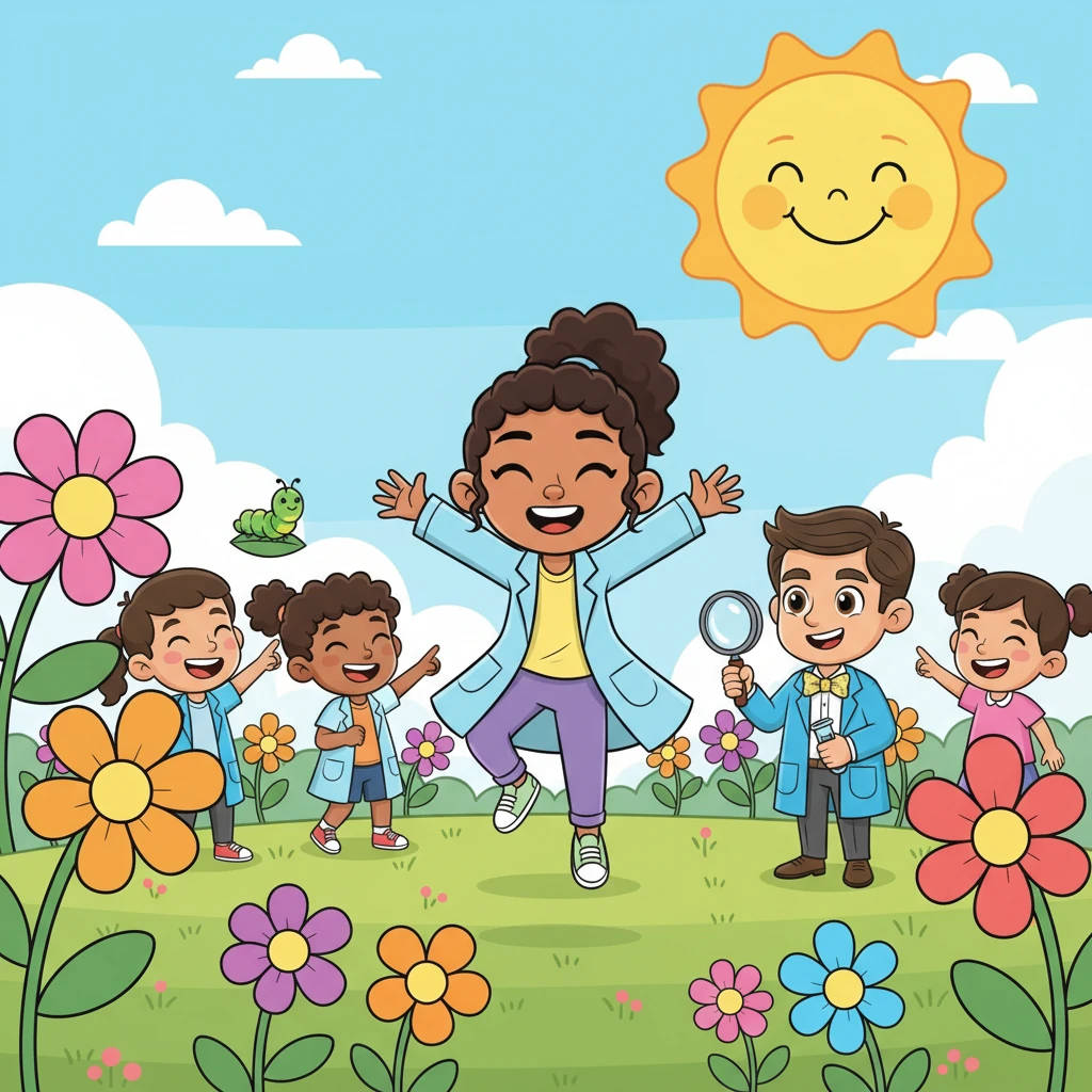 Outside, under a big, happy sun, a group of diverse children laugh and play in a field of oversized, friendly flowers. One child, with a bright, sunny smile, spins around mid-jump, their arms wide open, as if embracing the wonderful world around them. They are full of boundless energy and joy.