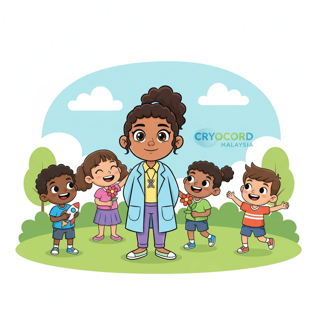 Dr. Anya, now standing among the joyful children, beams with a proud, gentle smile. In the background, a simplified, friendly logo with soft, rounded letters reads "Cryocord Malaysia," subtly connecting the scientific marvels to the happy, healthy future of the children. It's a beautiful blend of discovery and dreams.