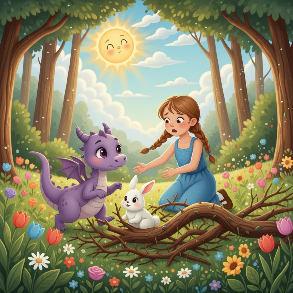 Leah rushed over to help. "Don't worry, little one!" she said softly. Violet carefully used her strong paws to gently move the branches and free the rabbit.