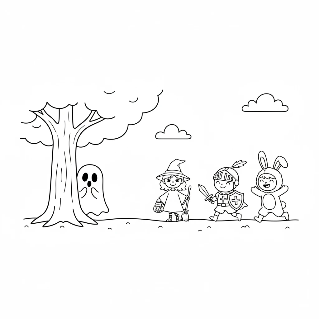 From a distance, Boo watched children giggle and skip, dressed in colorful costumes. There was a tiny witch, a brave knight, and a fluffy bunny, all ready for fun. Boo felt a little twinge of wistfulness.