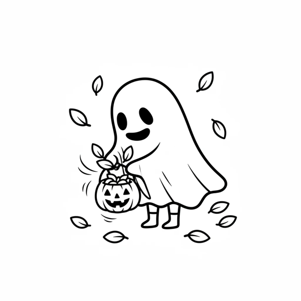 Then, Boo noticed some fallen autumn leaves nearby, crisp and golden. Very carefully, Boo gathered a few with a gentle gust of wind and draped them around the pumpkin's stem like a little crown.