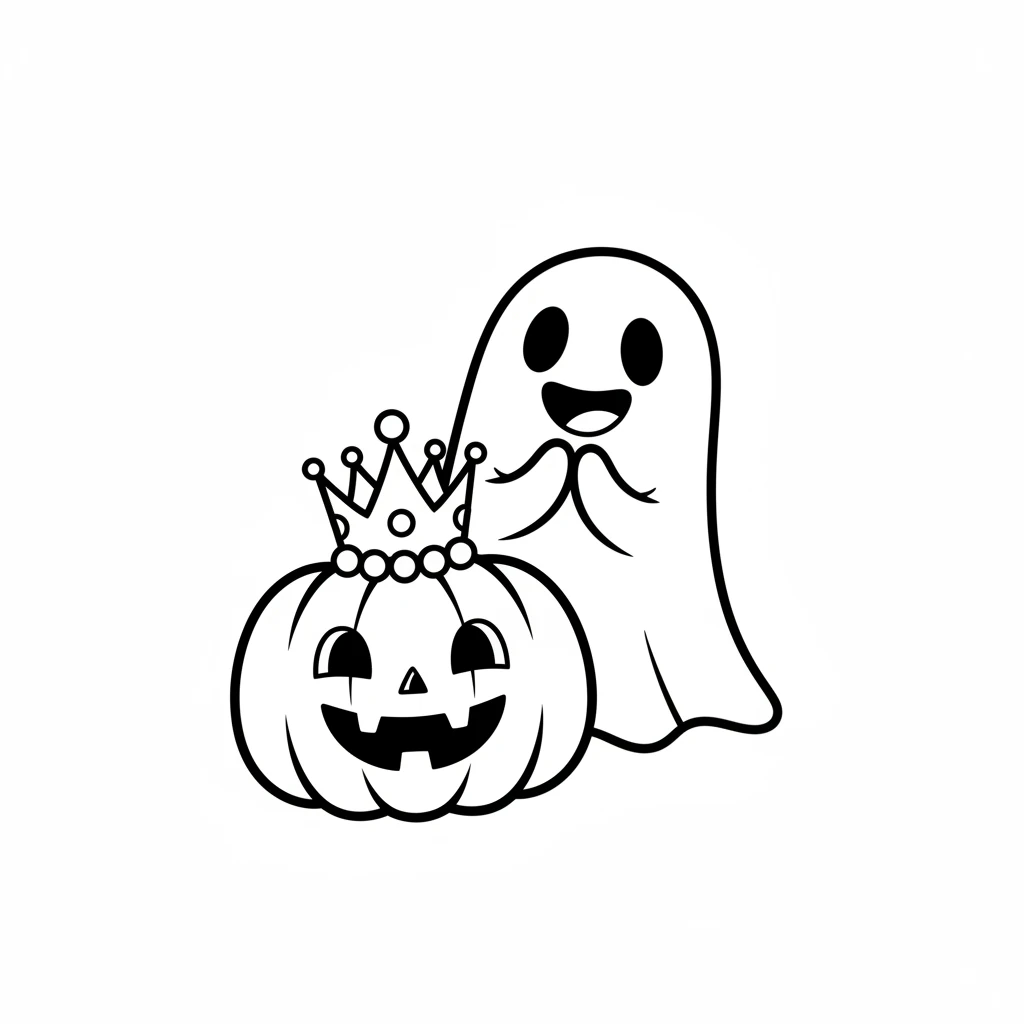 The pumpkin now looked splendid! It had a kind smile and a leafy crown, looking like a happy, royal friend. Boo beamed, knowing the pumpkin felt loved and ready for Halloween.