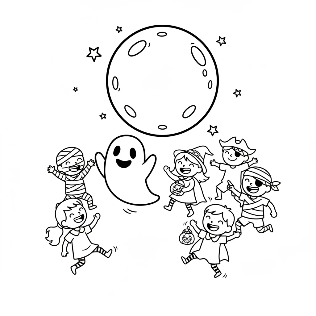 That night, under the big, bright moon, Boo floated among the happy children and their joyful sounds. Boo knew that making someone else smile was the very best Halloween magic of all.