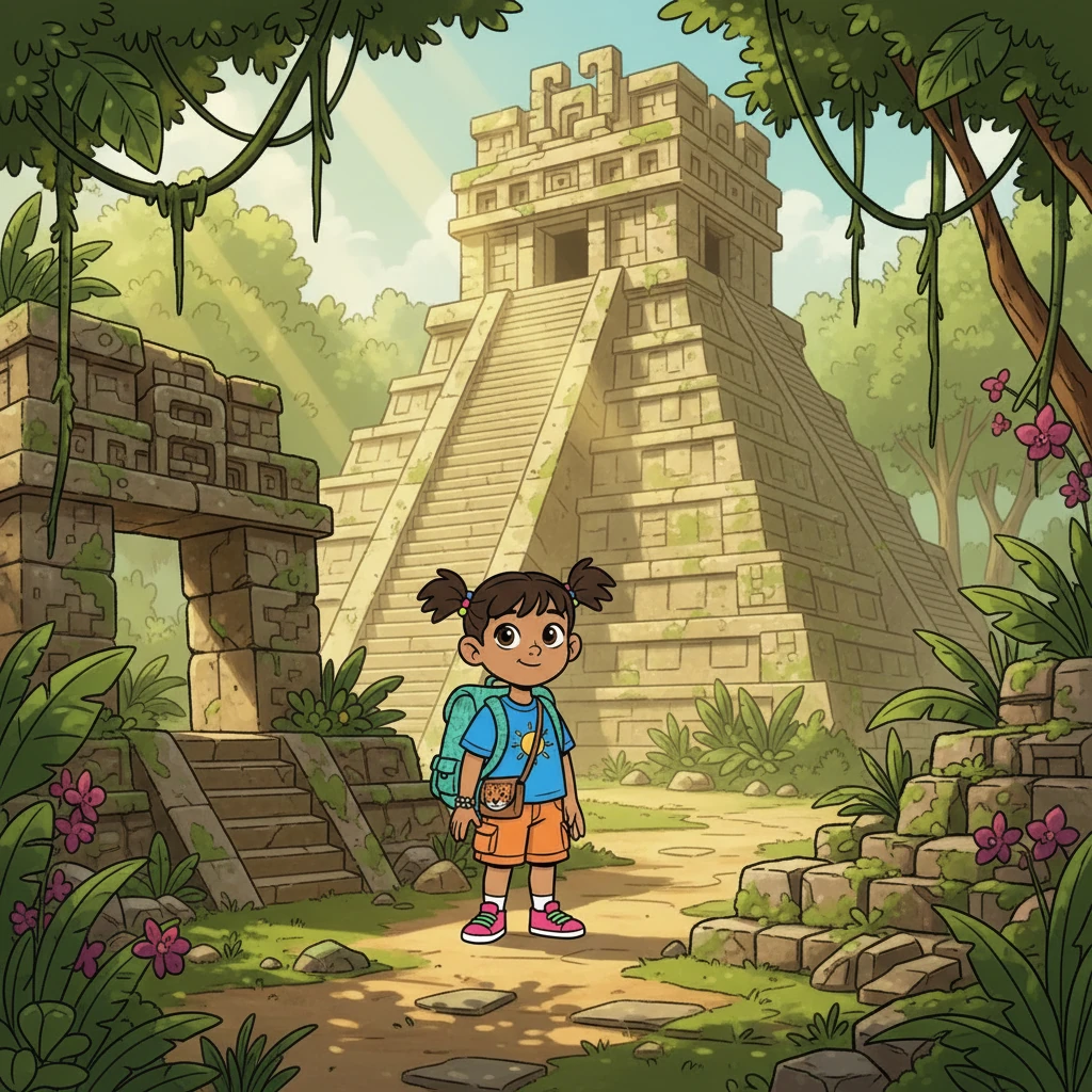 Penelope, a curious four-year-old, skipped ahead of her parents, her bright eyes scanning the towering Mayan ruins. Sunlight streamed through the jungle canopy, illuminating the ancient stone structures. She imagined what life was like long ago, in this forgotten place.