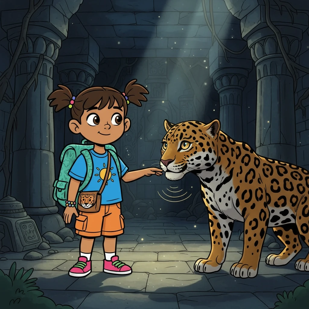 Suddenly, a magnificent jaguar emerged from the shadows. Its eyes glowed with an otherworldly light, and a soft purr resonated through the chamber. Penelope, unafraid, reached out a hand, and the jaguar gently nudged her fingers with its velvety nose.