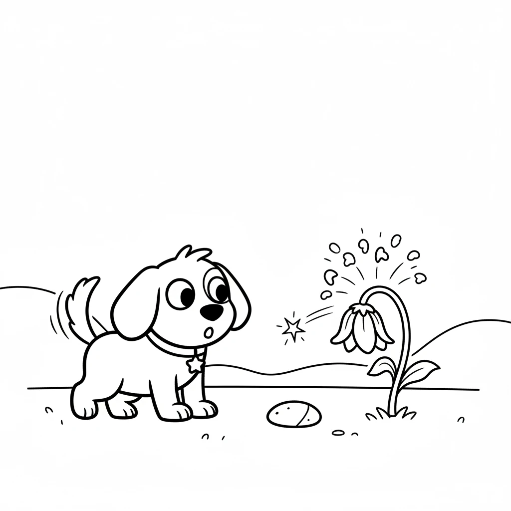 When Cosmo wagged his tail near the pebble, a tiny spark flew out! The spark landed on a wilting flower, and instantly, the flower bloomed bright and colorful. Cosmo's eyes widened in surprise.