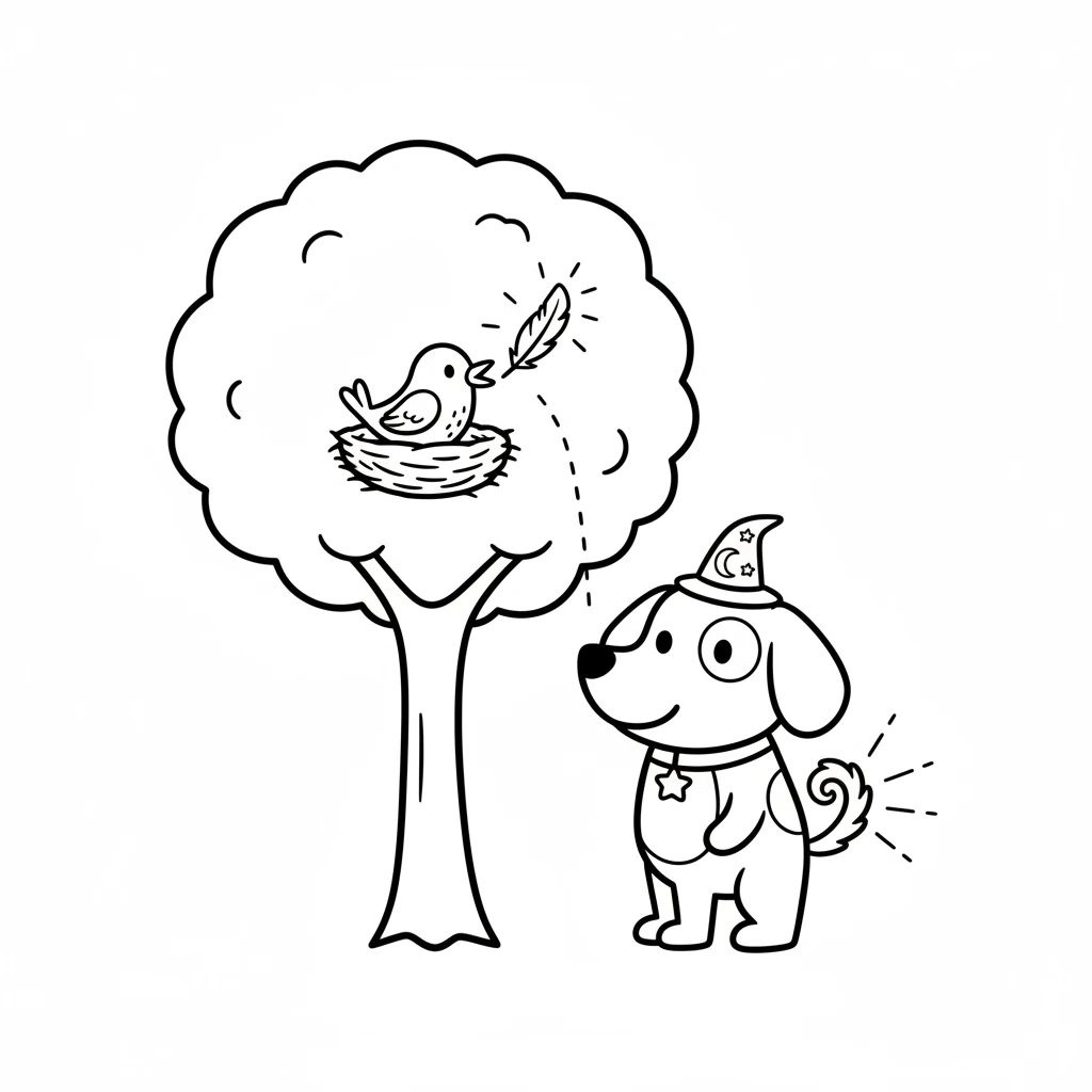 A little bird had dropped its feather from its nest high up in a tree. With a gentle flick of his magical tail, Cosmo made the feather float back up to the bird, who chirped a happy thank you.