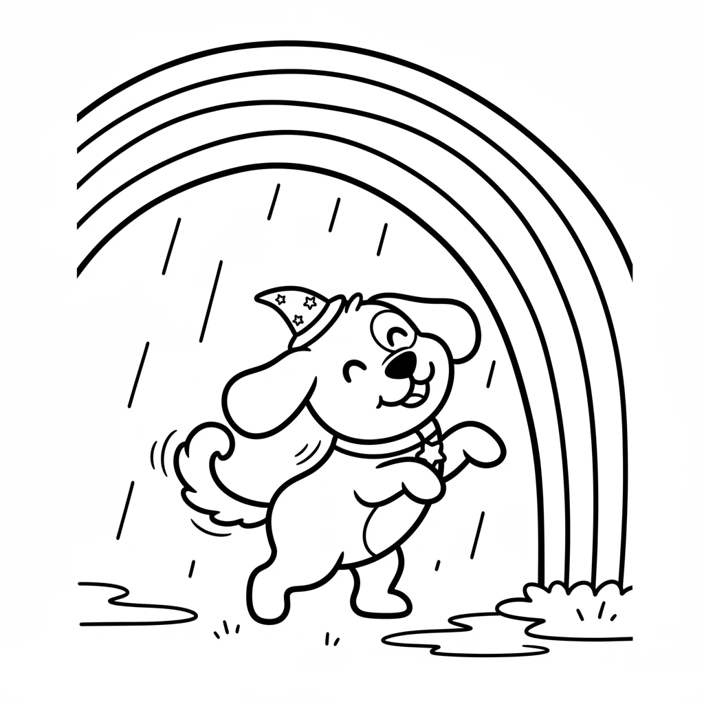 One rainy day, Cosmo felt a little gloomy. He gave his tail a big shake, and suddenly, a vibrant rainbow arched across the sky! The colors brightened the whole world.