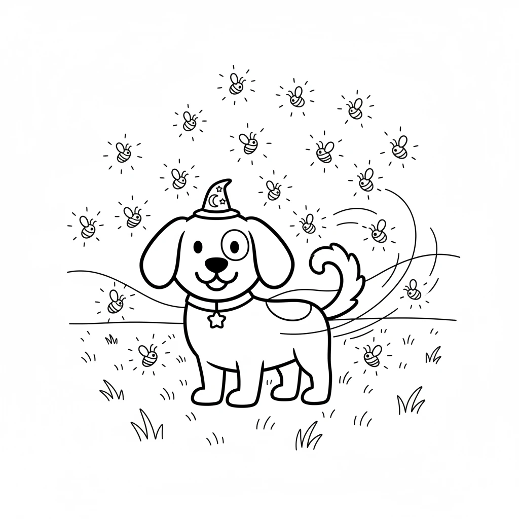 As evening fell, Cosmo walked into a field of glowing fireflies. With a swish of his tail, he made them dance and twinkle brighter, creating a magical light show just for him.