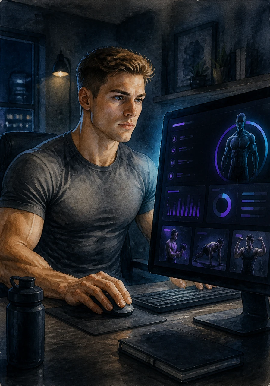 Alex sits in a dimly lit room, his face illuminated by the cool glow of his monitor as he launches the FIT CLUB platform. The interface is a masterpiece of dark aesthetics, featuring deep charcoal tones and neon accents that promise a professional fitness experience.