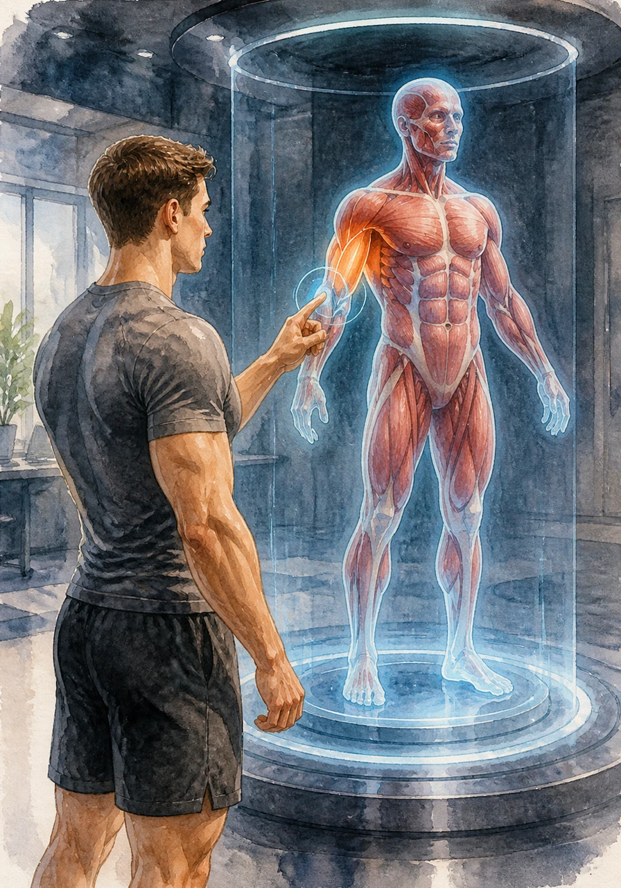 A stunning 3D human model rotates slowly in the center of the screen, showcasing every muscle fiber with anatomical precision. Alex moves his cursor over the figure, watching as different muscle groups glow to indicate they are ready for exploration.
