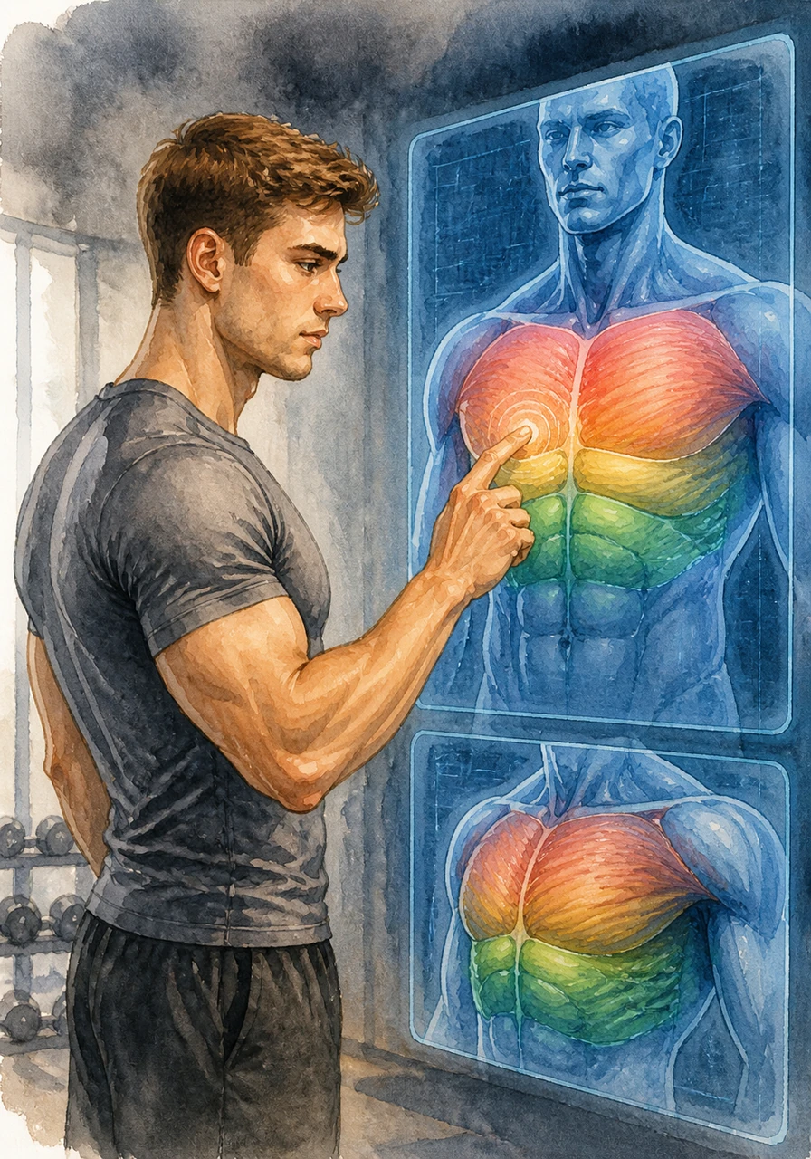 Alex clicks on the chest section, and the view zooms in to reveal the intricate details of the upper, middle, and lower pectorals. The 3D model highlights how each specific area functions, providing a clear visual map for his upcoming training session.