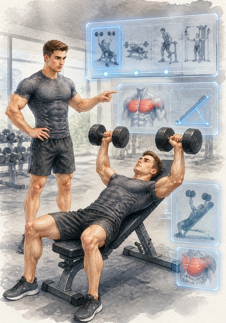 The platform displays a series of four specialized exercises for the chest, starting with the incline bench press to target the upper fibers. Interactive descriptions float beside the 3D model, explaining the perfect form and the science behind the movement.