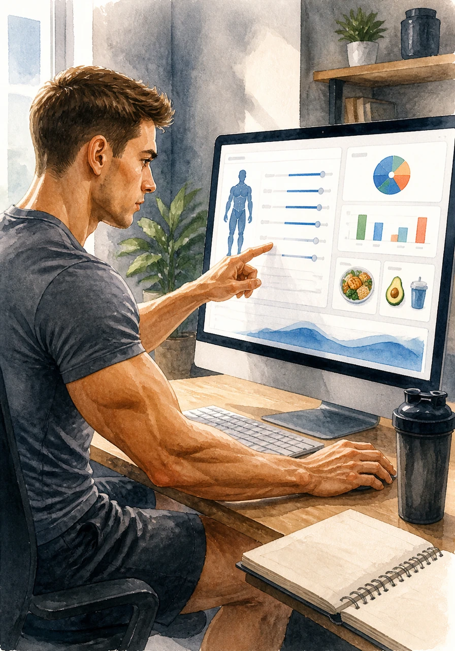 Alex navigates to the modern calorie calculator, which features a sleek and intuitive slider system. He enters his physical data and selects the fat loss goal, watching as the software instantly generates a personalized nutritional blueprint.
