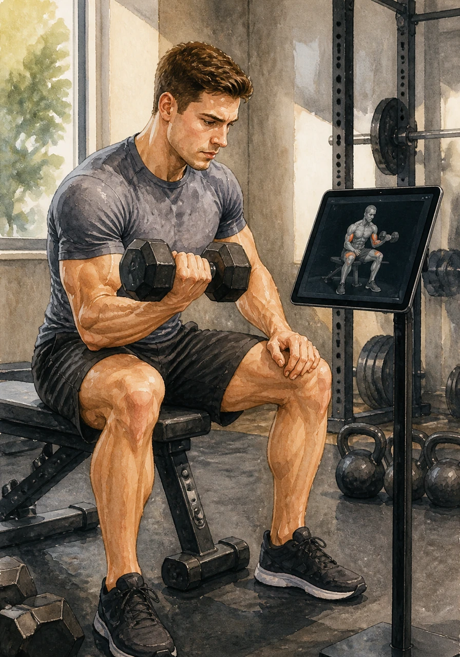 In his home gym, Alex begins his workout while following the 3D animations on his tablet for real-time guidance. The dark theme of the app creates a focused atmosphere, helping him concentrate on the mind-muscle connection for every rep.
