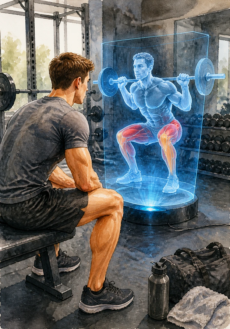The dubbing feature provides motivational cues and technical tips as Alex moves through his leg day routine. He watches the 3D model demonstrate the squat, showing exactly how the quadriceps and hamstrings engage during the lift.