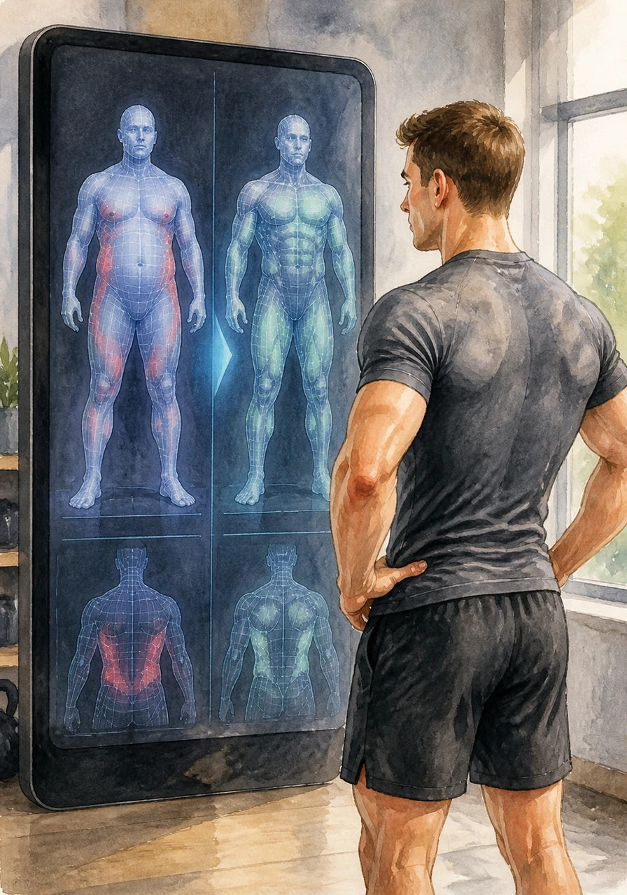 After weeks of following the FIT CLUB program, Alex uses the progress tracker to compare his initial 3D body scan with his current results. The screen highlights the significant muscle definition he has gained and the fat he has shed through consistent effort.