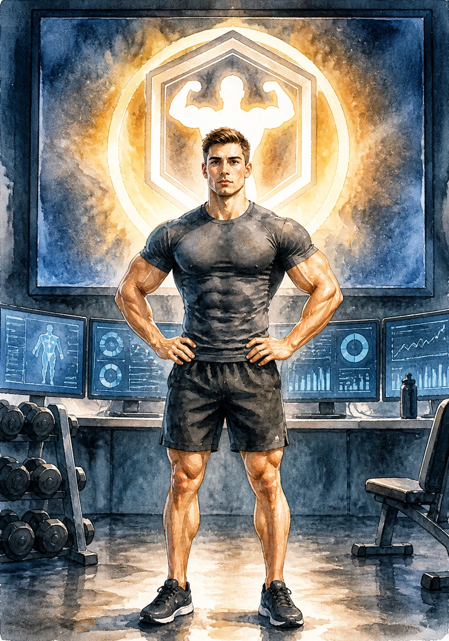 Alex stands tall and confident, his transformation complete as the FIT CLUB logo glows triumphantly on the screen behind him. He has mastered his own biology using the ultimate digital tool, proving that knowledge and discipline are the keys to peak performance.