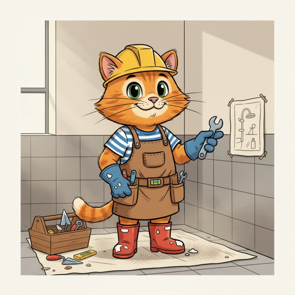 Marmalade, a fluffy orange tabby with a tiny hard hat, stands proudly in a dusty bathroom. Tools are neatly organized around him, and a blueprint for a new shower design is taped to the wall. He surveys the empty space with a thoughtful, professional gaze.