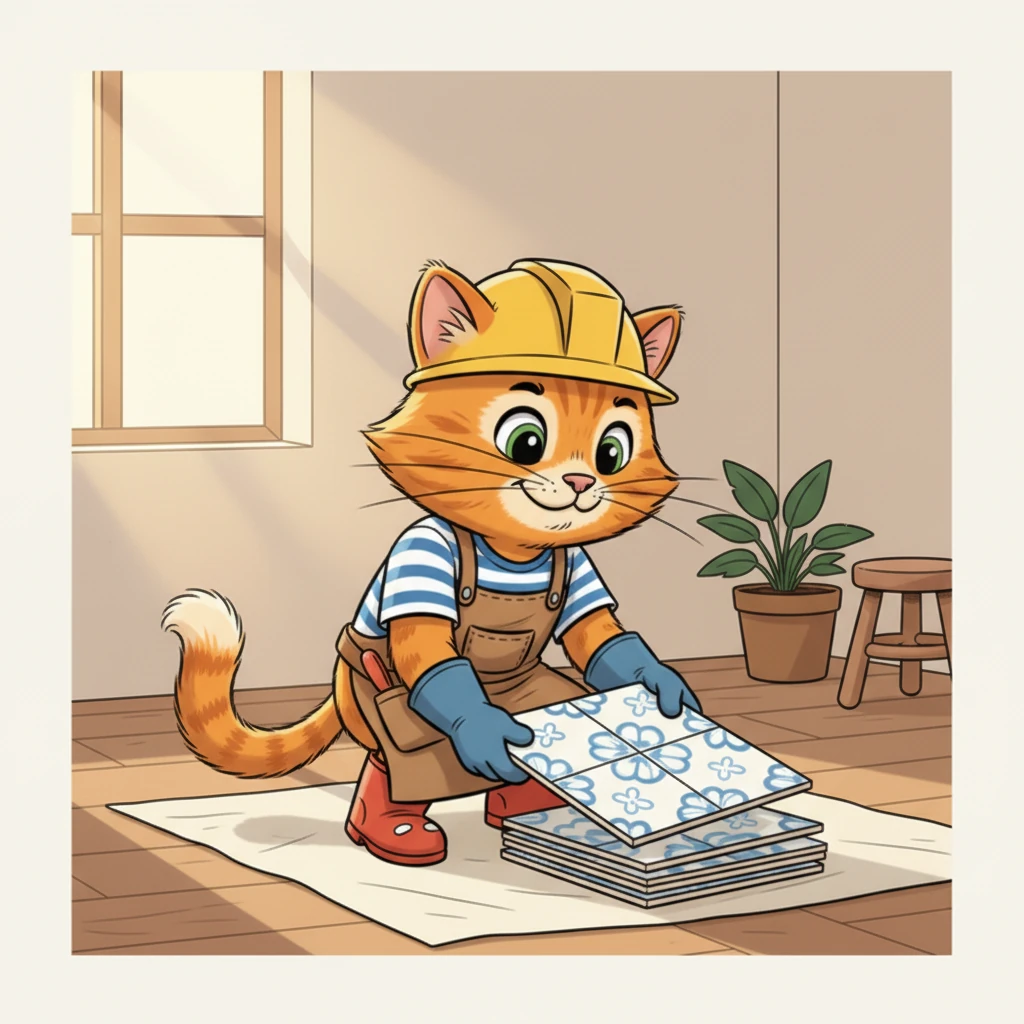 He carefully unwraps a stack of large, glossy tiles, admiring their smooth surface. Sunlight streams through the window, highlighting the beautiful patterns on the tiles. Marmalade's tail twitches with anticipation.