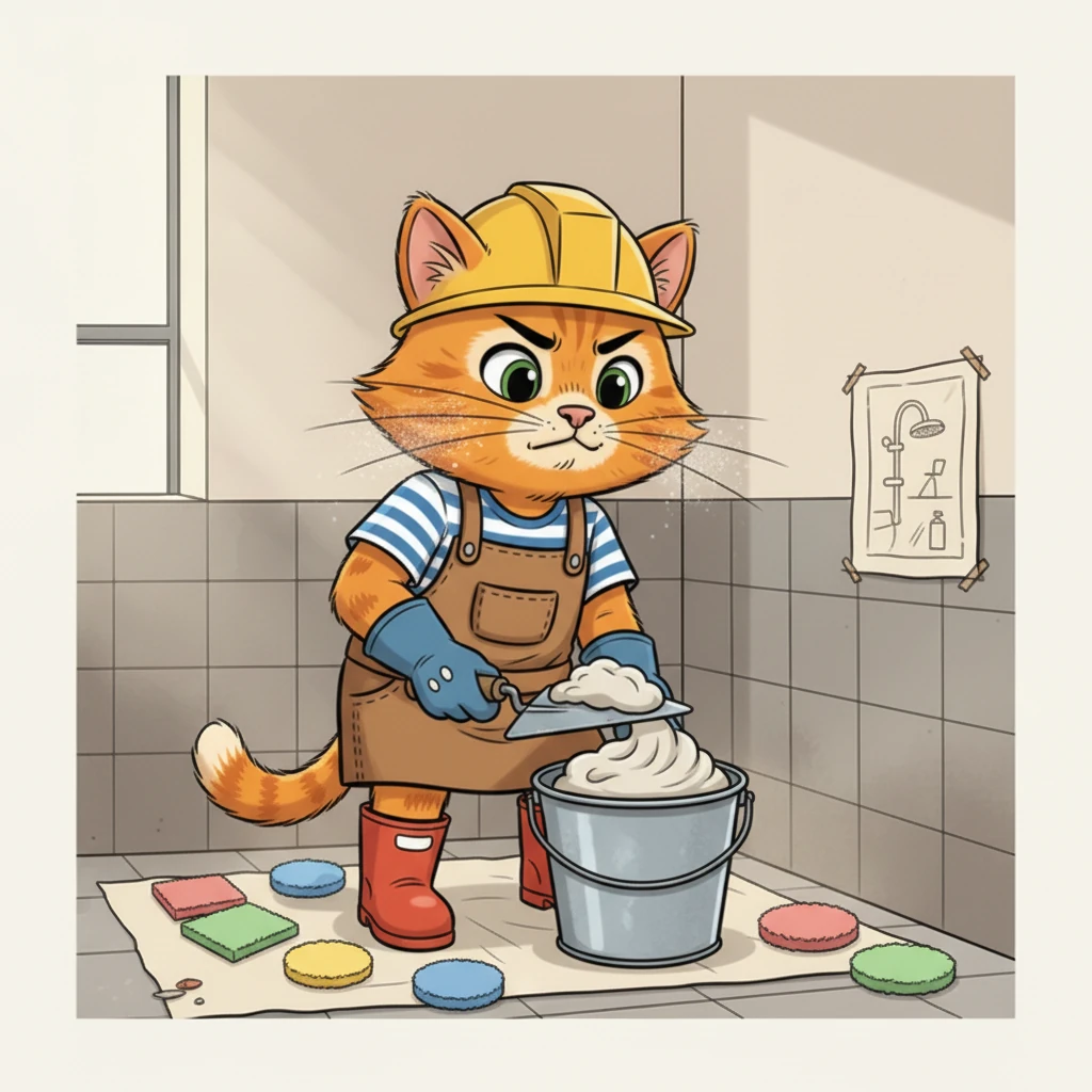 With a focused expression, Marmalade dips his trowel into a bucket of creamy, gray mortar. He scoops a generous amount, making sure it’s just right. His whiskers are slightly dusted with the fine powder.