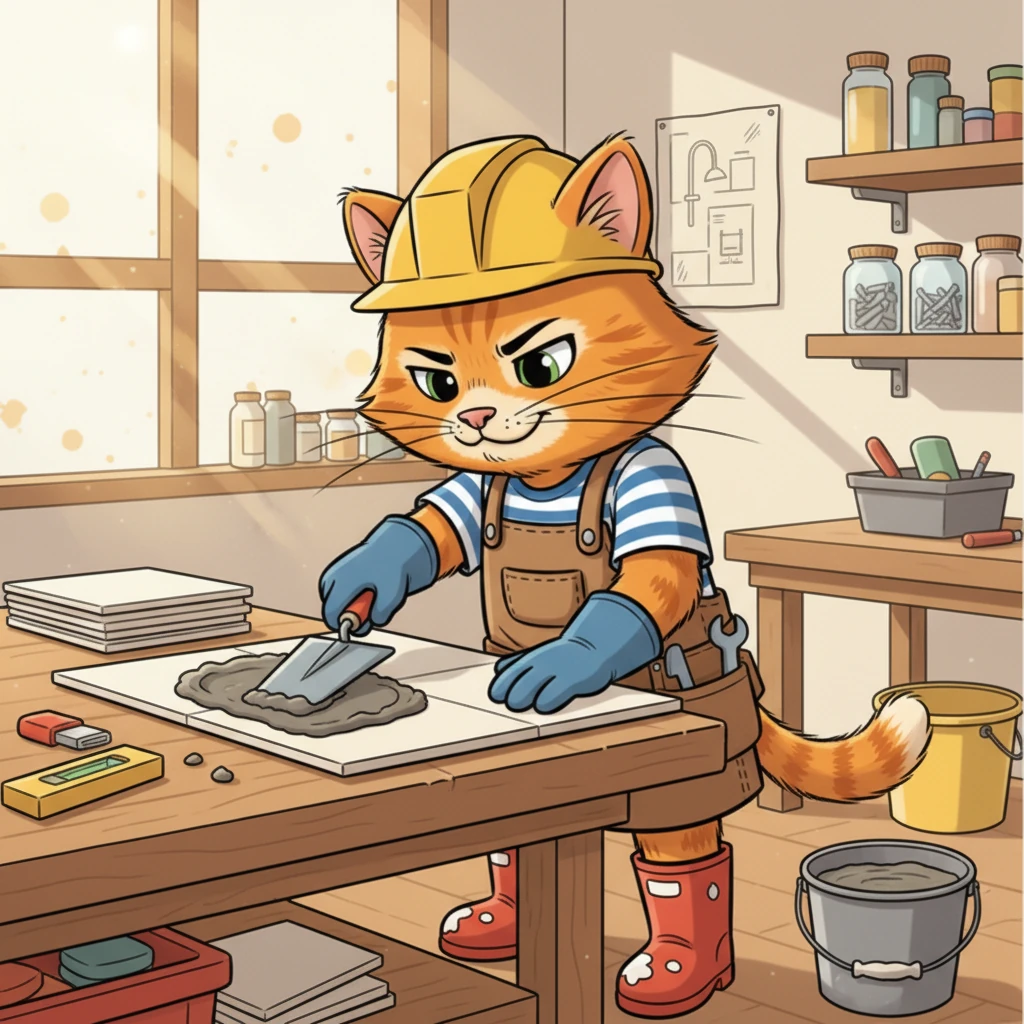 Marmalade expertly spreads the mortar onto the back of a large tile using his trowel. He works with steady, precise movements, ensuring an even layer. Not a single smudge escapes his keen eyes.