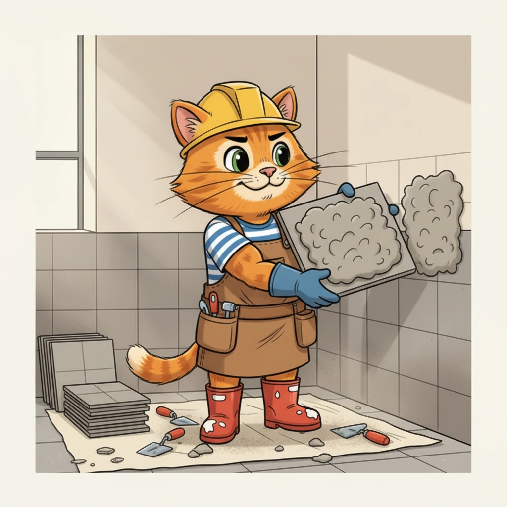 He lifts the heavy, mortared tile with both paws, demonstrating surprising strength. His muscles flex slightly as he carefully positions it. The tile is nearly as big as he is!