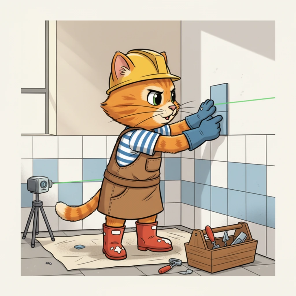 With a gentle but firm push, Marmalade presses the tile onto the shower wall. He adjusts it slightly, making sure it's perfectly aligned with the laser level. A small, satisfied 'mew' escapes him.